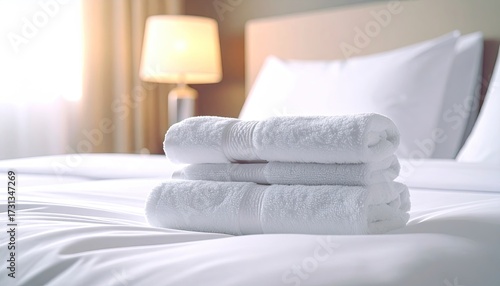 Clean White Hotel Room with Folded Towels on Bed and Neutral Curtains Drenched in Natural Morning Light