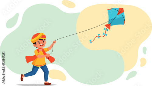 An energetic boy in traditional clothing happily runs while flying a vibrant kite, embodying the spirit of a festive outdoor celebration.