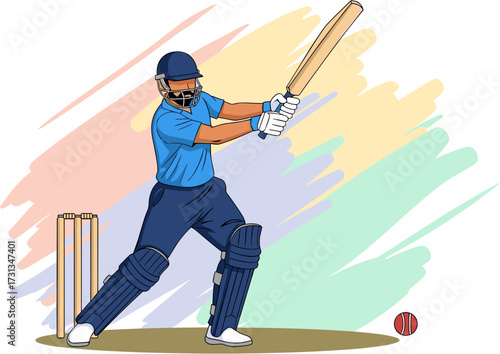 An energetic illustration depicts a male cricket batsman in full gear, poised to hit the ball with his bat on a vibrant, abstract background.