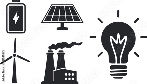 Silhouettes of Electricity & Energy- isolated vector illustration, solar panel, wind turbine, environment, renewable energy industrial factory, Sustainable ecological energy