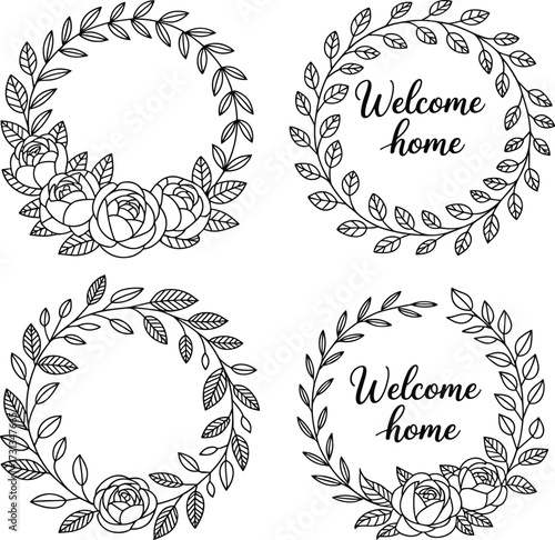 Set of wreaths and branches with leaves. Hand drawing welcome home laurel wreaths and branches collection. Laurels wreaths