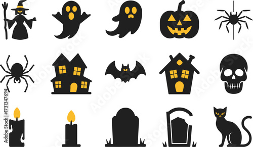 Collection of Halloween silhouettes. Haunted house, creepy tree, flying witch, pumpkins, Halloween ghost, owl, coffin lid, Black and white Halloween vector silhouette set with spooky icons and element