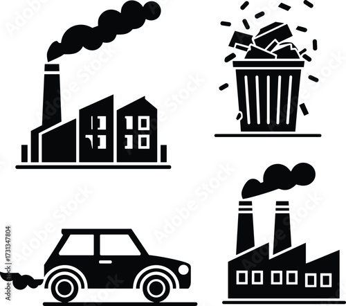 Silhouettes of Environment pollution and ecology man made disaster set - isolated vector illustration, Reduce pollution air. Reduction exhaust or smoke