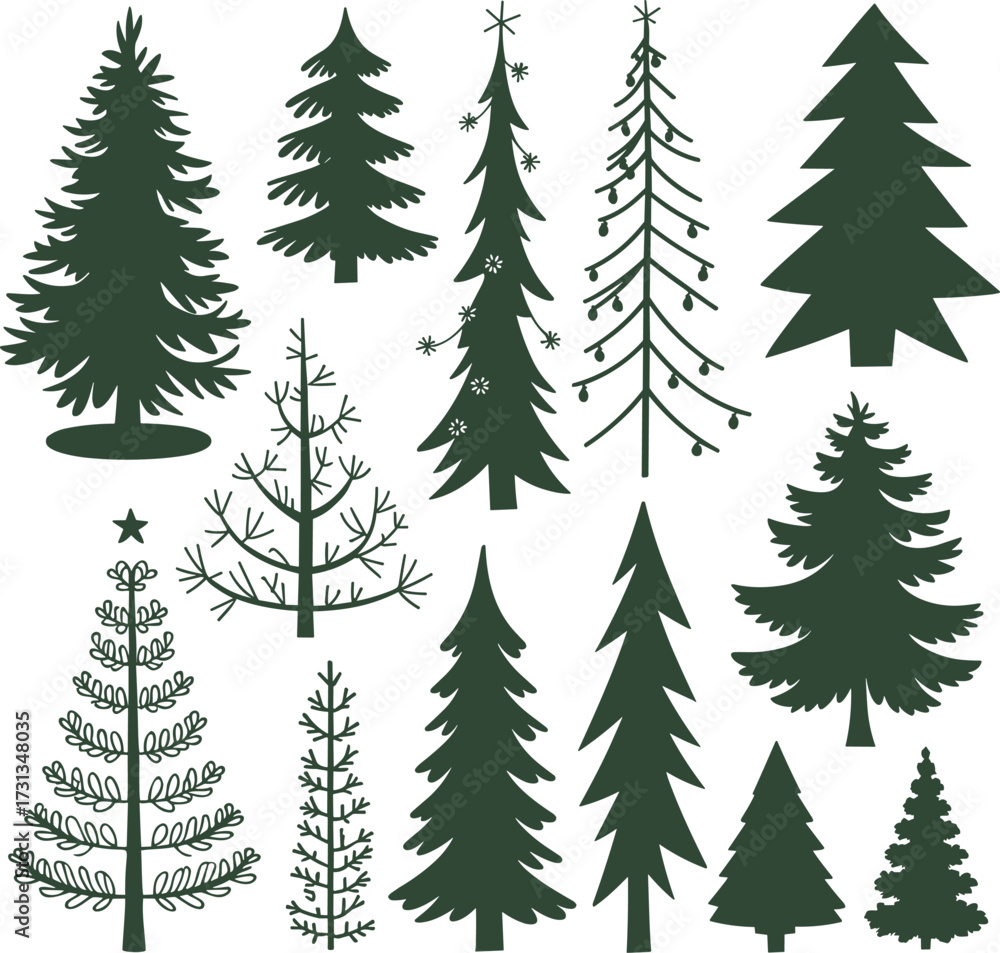 Fototapeta premium Tree silhouettes, Vector illustration collection of trees and wilderness forest objects