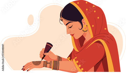 An elegant Indian woman meticulously applies intricate henna designs to her hand, celebrating a beautiful traditional ritual of cultural adornment.