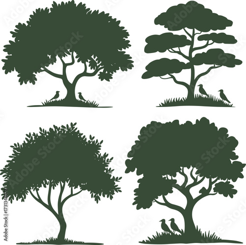 Tree silhouettes, Vector illustration collection of trees and wilderness forest objects