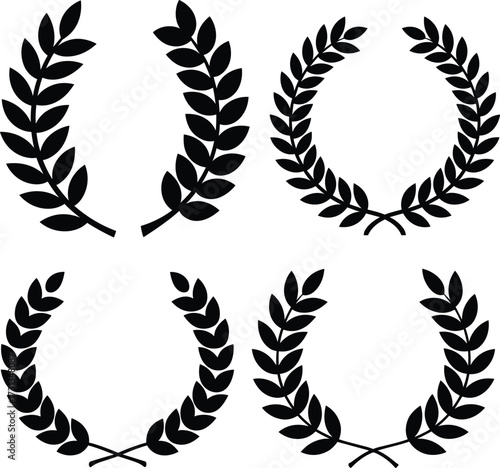 Set of wreaths and branches with leaves. Hand drawing laurel wreaths and branches collection. Laurels wreaths