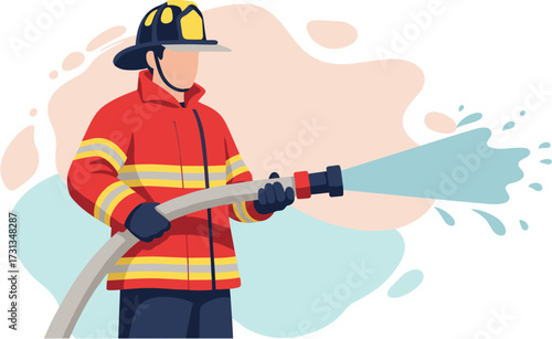 A brave male firefighter in a protective red uniform and helmet courageously battles a blaze by expertly spraying water from a powerful hose.