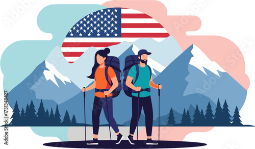 An adventurous couple, equipped with backpacks and hiking poles, stands proudly before majestic American mountains, symbolizing exploration and national pride.