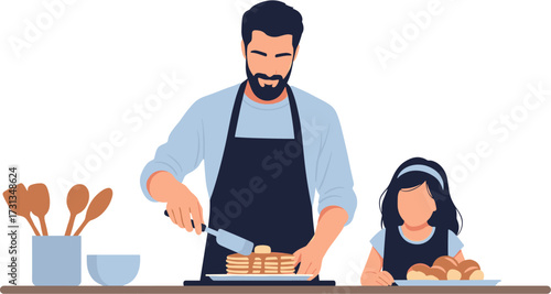 A loving father and his young daughter are joyfully preparing a delicious breakfast of pancakes and pastries together in their bright kitchen.