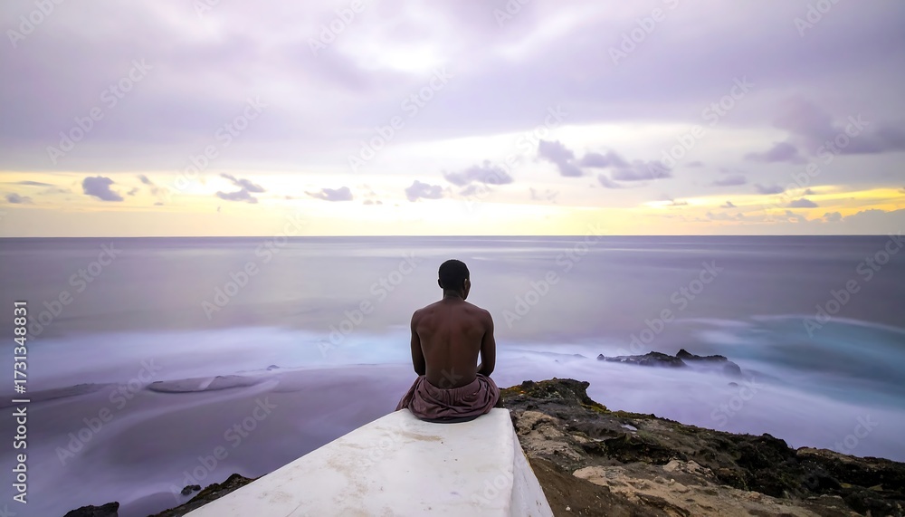 Fototapeta premium Man Contemplating Ocean View at Sunset.