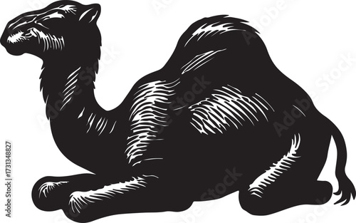 Stylized black silhouette of a camel resting on its humps with detailed texture and outline