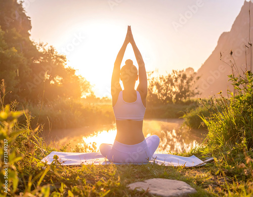Woman Practicing Yoga at Sunrise on Mountain with Scenic Valley View