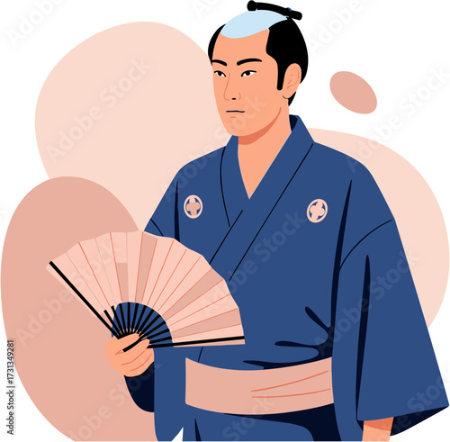 A traditional Japanese man, dressed in a blue kimono with a chonmage hairstyle, thoughtfully holds a delicate fan against a soft, abstract background.