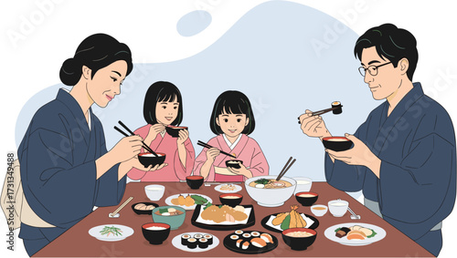 A happy Japanese family, dressed in traditional attire, enjoys a delicious authentic meal together, sharing food and conversation.