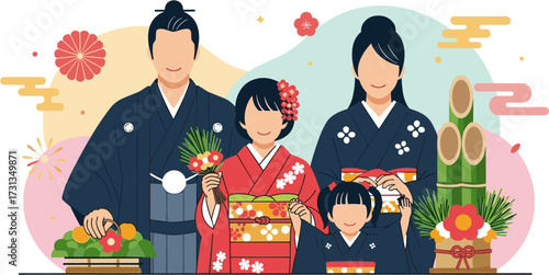 A joyful Japanese family, dressed in elegant traditional kimonos, celebrates the vibrant New Year with iconic cultural decorations and festive spirit.