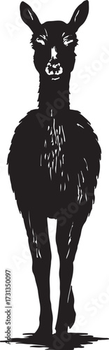 Stylized black silhouette of a playful llama standing with a grinning expression on a white background