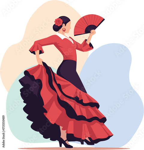 An elegant Spanish flamenco dancer, adorned in a flowing red and black ruffled dress, performs with a fan, embodying cultural passion.