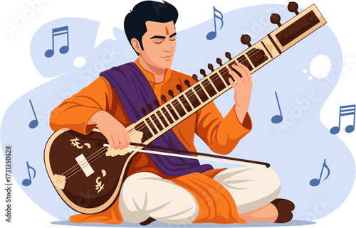 An Indian musician skillfully plays a traditional sitar, creating beautiful melodies that resonate with the rich cultural heritage and artistic spirit of India.