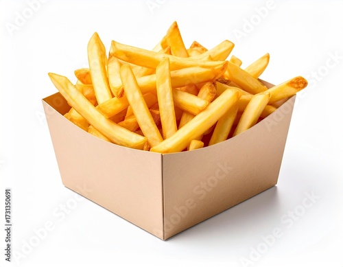 Crispy French Fries in a Cardboard Container on White Background.