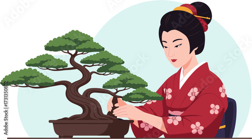 A graceful Japanese woman wearing a traditional kimono meticulously prunes a stunning, intricately shaped bonsai tree, embodying the serene art of cultivation.
