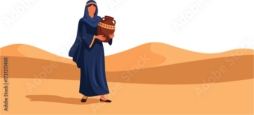 A traditionally dressed woman in a flowing blue garment carries an ornate clay pot across vast, sun-drenched desert sand dunes under a clear sky, depicting ancient journeys.