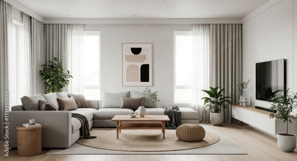 Fototapeta premium Modern minimalist living room interior with a light grey L-shaped sectional sofa, wooden coffee table, large software, and potted plants, showcasing a serene design.