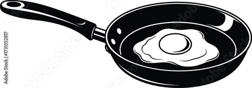 Black frying pan with a fried egg, breakfast preparation, cooking