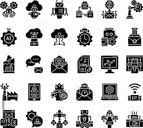 Collection of technology and business icons representing digital transformation and innovation