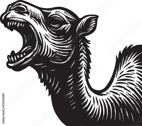 Fierce camel head roaring with open mouth and sharp teeth in dramatic black and white woodcut style