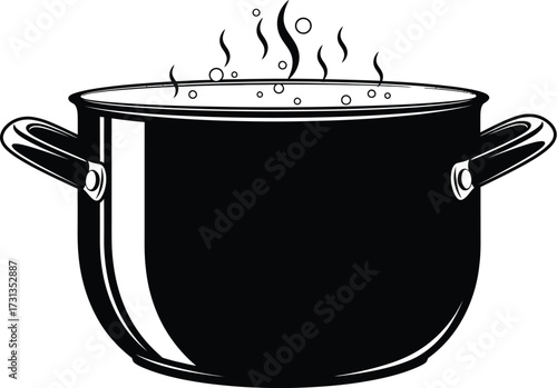 Black cooking pot with steam, kitchenware for food preparation