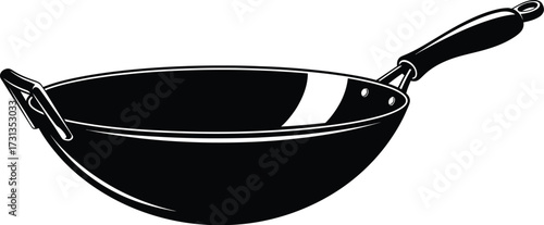 Black wok with handle, traditional asian cooking utensil for stir-fry