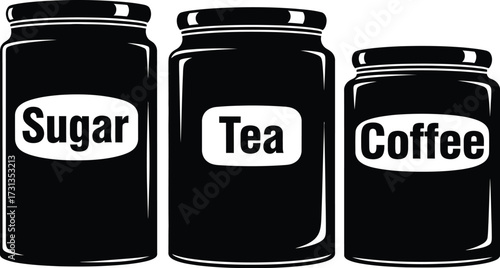Black pantry jars with sugar, tea, and coffee labels in a row