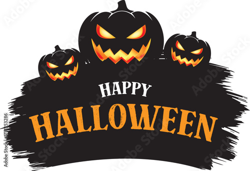 Vector art of happy halloween with three carved jackolanterns and brush stroke