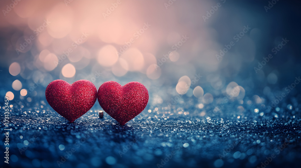 Obraz premium Two red hearts sit on a sparkly blue surface with bokeh background.