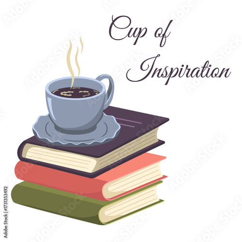 Vector postcard of a stack of books with a cup of hot coffee or tea. Concept for a library, school and coffee shop. Colored postcard for the world book day.