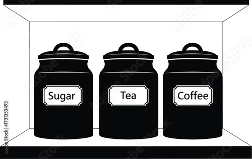 Black Sugar, Tea, and Coffee Jars with Labels on a Kitchen Shelf