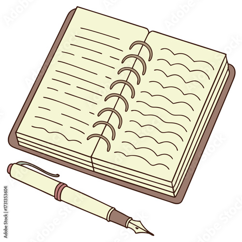 A charming hand drawn illustration of an open spiral bound notebook with lined pages and a classic fountain pen resting beside it on a clean white background