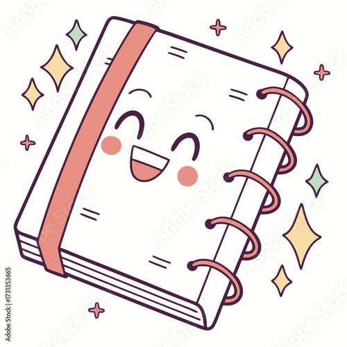 A cheerful and happy spiral bound notebook with a smiling face and rosy cheeks surrounded by sparkling stars and plus signs perfect for back to school or journaling themes