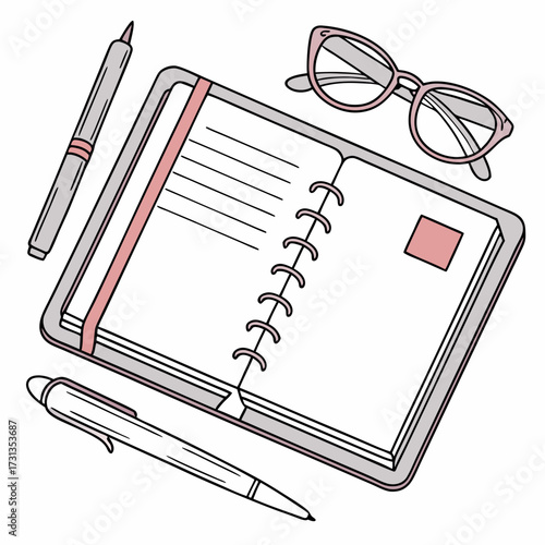 A clean minimalist illustration of an open spiral bound notebook with lined pages two pens and a pair of pink rimmed glasses arranged on a white background