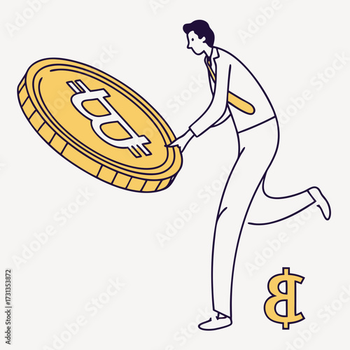 A man in a suit running with a large golden bitcoin coin symbolizing cryptocurrency investment and financial growth with a thai baht symbol nearby