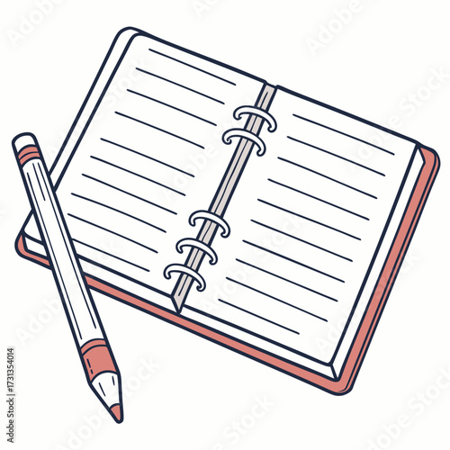 A simple hand drawn illustration of an open lined notebook or journal with a pencil resting on its pages perfect for notes and planning