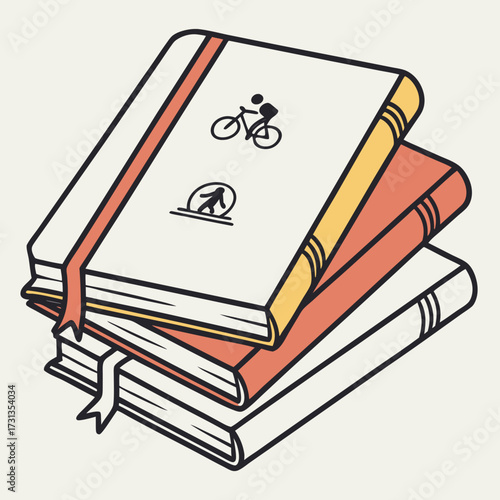 A stack of three books with simple line art icons of a person cycling and walking on the top book cover representing travel and adventure literature