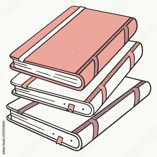 A stack of three closed notebooks with pink covers and white pages featuring elastic bands and ribbon bookmarks presented in a clean minimalist illustration style on a light background