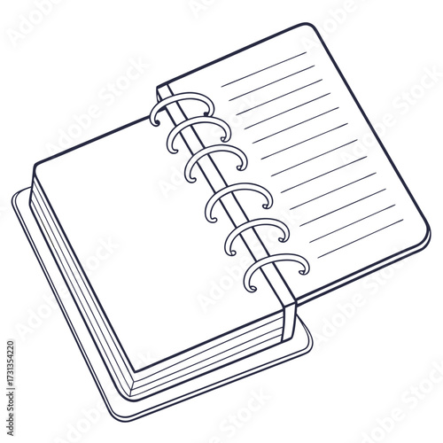 An open blank notebook with lined pages and a spiral binding presented in a clean minimalist outline drawing style against a white background perfect for notes and planning