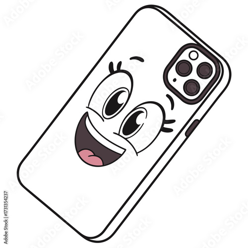 A whimsical cartoon illustration of a smartphone case with a happy smiling face and large expressive eyes featuring a camera module on the back presented on a clean white background