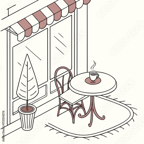 Charming isometric illustration of a parisian cafe scene featuring a single table with a steaming cup of coffee a classic bistro chair and a potted plant outside a storefront with an awning