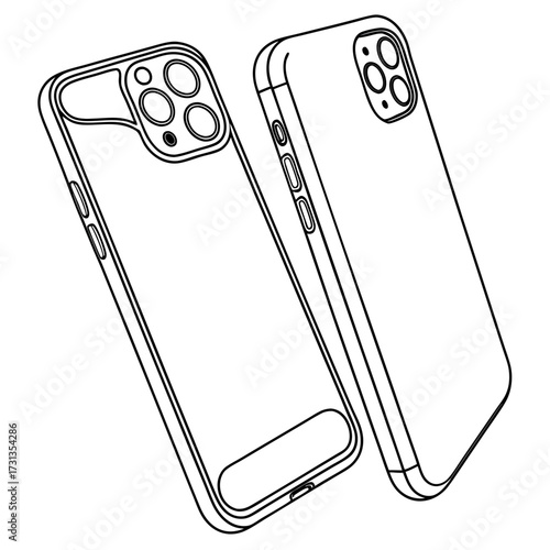 Clean line art illustration of two modern smartphone cases shown from different angles highlighting the camera module and side buttons on a white background