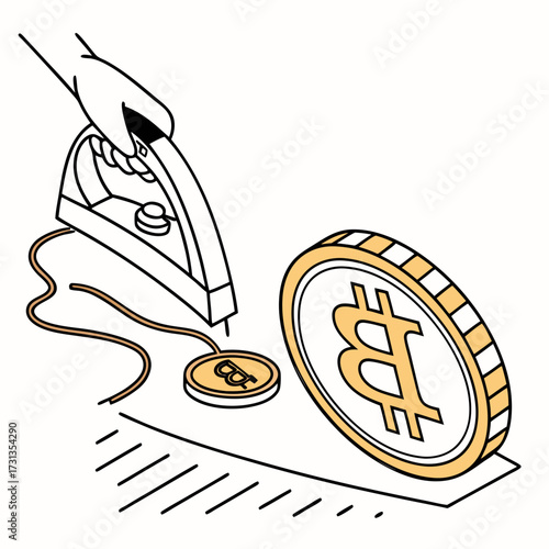 Conceptual illustration of a hand holding an iron pressing a small bitcoin coin with a large bitcoin coin nearby symbolizing cryptocurrency financial growth and investment