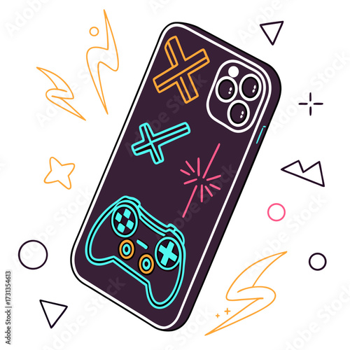 Vibrant neon gamer phone case with joystick and abstract shapes perfect for gaming enthusiasts and modern tech accessories design